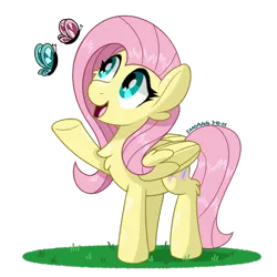 Size: 1450x1450 | Tagged: safe, artist:notadeliciouspotato, derpibooru import, fluttershy, butterfly, insect, pegasus, pony, g4, cheek fluff, chest fluff, ear fluff, female, folded wings, grass, hock fluff, image, looking up, mare, open mouth, open smile, png, raised hoof, signature, simple background, smiling, solo, transparent background, wings