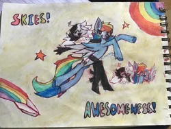 Size: 1280x960 | Tagged: safe, artist:crysta1fl0w3rz, derpibooru import, rainbow dash, pegasus, pony, g4, crossover, fundamental paper education, image, jpeg, multicolored hair, rainbow, rainbow hair, rainbow tail, stars, tail, traditional art, wings, zip (fundamental paper education)