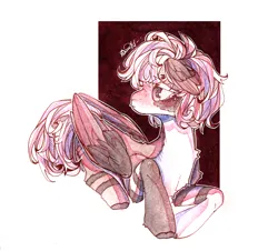 Size: 3418x3090 | Tagged: safe, artist:dorry, derpibooru import, oc, unofficial characters only, original species, pegasus, pony, abstract background, aquarelle, clothes, head wings, image, jpeg, looking away, partial background, pegasus oc, short hair, simple background, socks, solo, striped socks, stripes, traditional art, watercolor painting, white background, wings