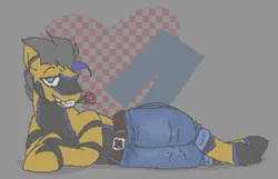 Size: 1275x819 | Tagged: safe, artist:kangatooth, derpibooru import, oc, oc:cole (kangatooth), unofficial characters only, earth pony, bedroom eyes, belt, bill wurtz, checkered background, clothes, colored, flower, flower in mouth, grin, heart, image, lying down, mouth hold, pants, png, rose, rose in mouth, side, smiling, solo, sultry pose