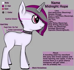 Size: 1040x975 | Tagged: suggestive, artist:lillithen dash, derpibooru import, oc, oc:midnight hope, pony, unicorn, choker, collar, dock, horn, image, implied anal, implied analingus, implied oral, implied sex, png, reference sheet, solo, tail