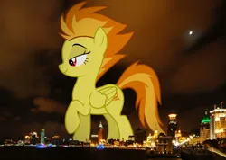 Size: 1500x1067 | Tagged: safe, artist:dashiesparkle, derpibooru import, edit, editor:jaredking779, spitfire, pegasus, pony, g4, alternate eye color, attack on pony, china, evil, female, folded wings, giant pony, giantess, highrise ponies, image, irl, jpeg, macro, mare, mega giant, mind control, photo, ponies in real life, raised hoof, red eyes, shanghai, smiling, solo, story included, wings, wrong eye color