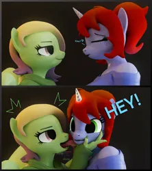 Size: 1777x2000 | Tagged: safe, artist:dangerousdpad, ponerpics import, oc, oc:green screen, oc:sugar surge, anthro, 3d, breasts, duo, duo female, eyes closed, female, image, jpeg, licking, looking at each other, onomatopoeia, text, tongue out