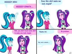 Size: 4032x3024 | Tagged: safe, artist:dazzpocalypse, derpibooru import, aria blaze, sonata dusk, human, equestria girls, g4, 4 panel comic, comic, dialogue, digital art, disguise, disguised siren, duo, duo female, english, female, grin, image, insult, png, simple background, smiling, speech bubble, that siren sure does love tacos, white background