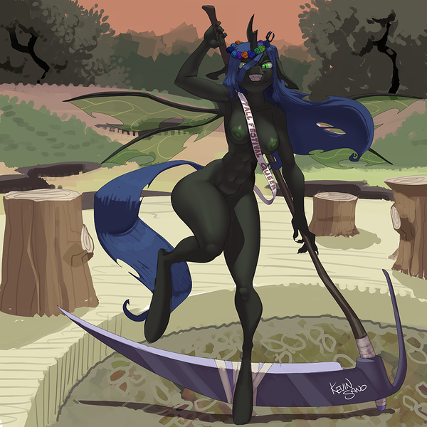 Size: 900x900 | Tagged: questionable, alternate version, artist:kevinsano, derpibooru import, queen chrysalis, anthro, changeling, changeling queen, unguligrade anthro, g4, belly, belly button, big breasts, breasts, busty queen chrysalis, complete nudity, female, floral head wreath, flower, furrowed brow, grin, image, looking at you, multiple variants, nipples, nude version, nudity, outdoors, png, sash, scythe, signature, smiling, solo, standing, standing on one leg, wide hips