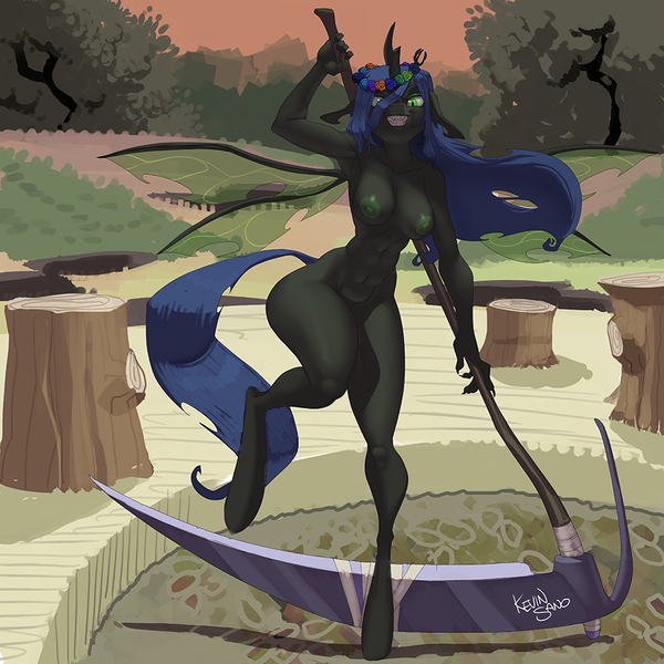 Size: 900x900 | Tagged: questionable, alternate version, artist:kevinsano, derpibooru import, queen chrysalis, anthro, changeling, changeling queen, unguligrade anthro, g4, belly, belly button, big breasts, breasts, busty queen chrysalis, complete nudity, female, floral head wreath, flower, furrowed brow, grin, image, looking at you, multiple variants, nipples, nude version, nudity, outdoors, png, scythe, signature, smiling, solo, standing, standing on one leg, wide hips