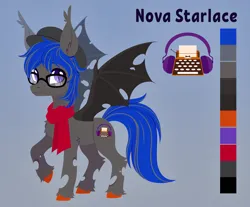 Size: 3130x2587 | Tagged: safe, artist:belka-sempai, derpibooru import, oc, oc:nova starlace, bat pony, changeling, hybrid, bat ponified, bat pony oc, bat wings, beret, changeling oc, changelingified, clothes, commission, cute, glasses, hat, holes in wings, image, male, png, purple eyes, race swap, reference sheet, scarf, slit pupils, species swap, striped mane, wings