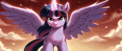 Size: 2192x912 | Tagged: safe, generator:bluefox mix, machine learning generated, prompter:adorablebluefox, twilight sparkle, twilight sparkle (alicorn), alicorn, pony, g4, cloud, cloudy, crying, determined, determined look, female, glow, glowing horn, horn, image, looking at you, low angle, mare, nose wrinkle, outdoors, png, red sky, solo, spread wings, tail, wings