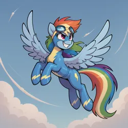 Size: 1024x1024 | Tagged: safe, machine learning generated, prompter:teaspoon, rainbow dash, pegasus, pony, g4, clothes, cloud, female, flying, goggles, goggles on head, grin, image, looking back, mare, png, smiling, solo, spread wings, uniform, wings, wonderbolts, wonderbolts uniform