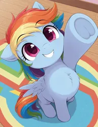 Size: 1344x1728 | Tagged: safe, generator:zoinksnoob, machine learning generated, rainbow dash, pegasus, pony, g4, ai composition, blank flank, carpet, chest fluff, cute, dashabetes, eyebrows, eyebrows visible through hair, female, filly, filly rainbow dash, foal, frog (hoof), from above, grin, high angle, hnnng, image, indoors, looking up, png, prompter:tyto4tme4l, raised hoof, reaching, reaching up, smiling, solo, spread wings, underhoof, wings