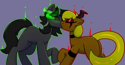 Size: 2650x1390 | Tagged: safe, artist:askhypnoswirl, derpibooru import, oc, oc:funny bones, oc:mako, unofficial characters only, demon, demon pony, original species, commission, duo, eyeshadow, glow, glowing eyes, horns, image, kiss on the lips, kissing, makeup, png