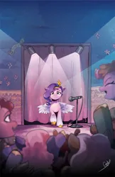 Size: 617x954 | Tagged: safe, artist:gigi dutreix, derpibooru import, idw, official, pipp petals, pegasus, pony, g5, spoiler:comic, spoiler:g5comic, spoiler:g5comic16, :<, audience, cheering, coat markings, comic cover, cover, cover art, crowd, crown, diadem, excited, eyebrows, eyes closed, female, frown, headband, image, jewelry, jpeg, mare, microphone, official comic, open mouth, open smile, partially open wings, regalia, signature, smiling, socks (coat marking), spotlight, unshorn fetlocks, wings