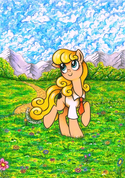 Size: 2868x4096 | Tagged: safe, artist:dariarchangel, derpibooru import, oc, unofficial characters only, earth pony, pony, g4, adorable face, beautiful, beige coat, blue sky, bush, c:, clothes, cloud, commission, complex background, cute, cute face, cute smile, detailed background, earth pony oc, female, female oc, field, flower, grass, grass field, image, jpeg, looking up, mare, mare oc, meadow, mountain, necktie, ocbetes, pony oc, pretty, raised hoof, scenery, scenery porn, shirt, sky, smiling, solo, standing, standing on two hooves, sweet dreams fuel, tail, teal eyes, traditional art, trail, wholesome, yellow hair, yellow mane, yellow tail