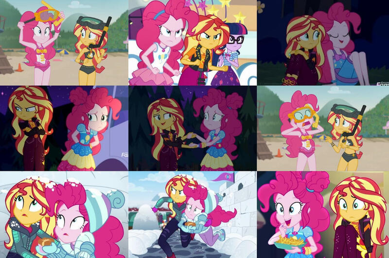 Size: 1280x848 | Tagged: safe, artist:frankcrazy16, derpibooru import, screencap, pinkie pie, sci-twi, sunset shimmer, twilight sparkle, equestria girls, equestria girls series, g4, unsolved selfie mysteries, background human, best friends, bikini, clothes, collage, dive mask, duo, duo female, equestria girls specials, female, goggles, image, jpeg, leather, leather bikini, music festival outfit, my little pony equestria girls: better together, my little pony equestria girls: holidays unwrapped, my little pony equestria girls: rollercoaster of friendship, my little pony equestria girls: sunset's backstage pass, nightgown, one-piece swimsuit, pinkie pie swimsuit, rah rah skirt, saving pinkie's pie, shorts, skirt, snorkel, sunset shimmer's beach shorts swimsuit, swimsuit, winter outfit