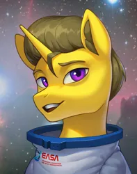 Size: 1704x2160 | Tagged: safe, artist:mrscroup, derpibooru import, oc, unofficial characters only, pony, unicorn, astronaut, bust, clothes, digital art, easa, horn, image, jpeg, looking at camera, looking at you, male, open mouth, portrait, smiling, smiling at you, solo, space, spacesuit, stallion, stars