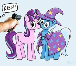 Size: 1500x1308 | Tagged: safe, artist:fimflamfilosophy, derpibooru import, starlight glimmer, trixie, human, pony, unicorn, g4, cape, clothes, dialogue, dubious consent, duo, female, forced, gun, handgun, hat, horn, image, jpeg, kiss on the lips, kissing, lesbian, mare, pistol, shipping, simple background, speech bubble, startrix, trixie's cape, trixie's hat, weapon