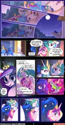 Size: 3541x6820 | Tagged: safe, artist:lummh, artist:regendary, derpibooru import, princess cadance, princess celestia, princess luna, alicorn, pony, comic:the princess of love, g4, absurd resolution, canterlot castle, comic, crown, dialogue, ethereal mane, female, fiery eyes, floppy ears, frown, hallucination, hoof shoes, horn, image, jewelry, mare, open mouth, peytral, png, princess shoes, regalia, s1 luna, speech bubble, starry mane, starry tail, tail, time skip