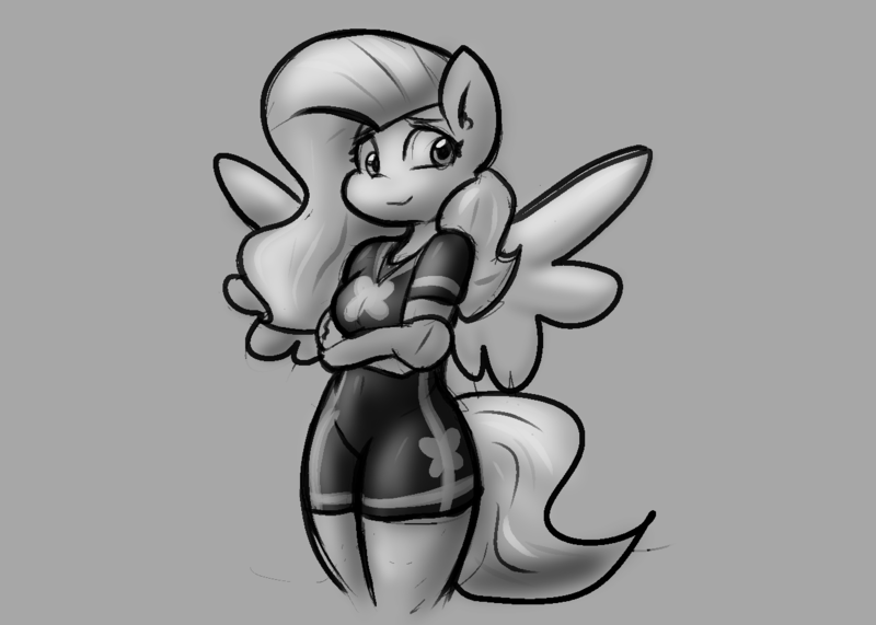 Size: 1282x915 | Tagged: safe, artist:zutcha, derpibooru import, fluttershy, anthro, pegasus, g4, breasts, busty fluttershy, clothes, crossed arms, female, gray background, grayscale, image, monochrome, one-piece swimsuit, png, simple background, smiling, solo, spread wings, swimsuit, wings