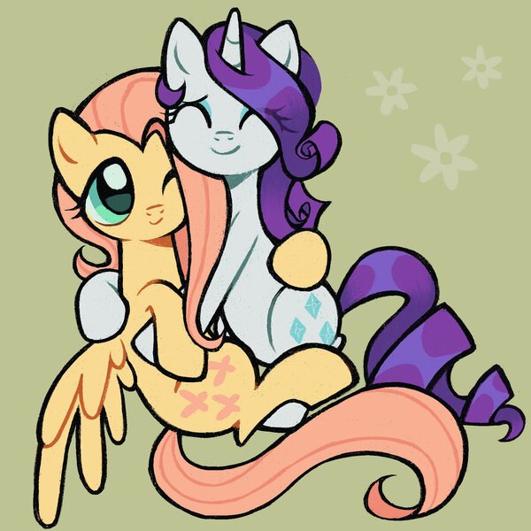 Size: 2018x2018 | Tagged: safe, artist:kickaroc, derpibooru import, fluttershy, rarity, pegasus, unicorn, g4, female, flarity, horn, hug, image, jpeg, lesbian, shipping