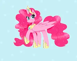 Size: 2500x2000 | Tagged: safe, artist:kathepart, derpibooru import, pinkie pie, alicorn, g4, alicornified, clothes, collar, crown, ethereal mane, image, jewelry, looking at you, pinkiecorn, png, race swap, regalia, shoes, simple background, solo, starry mane, xk-class end-of-the-world scenario