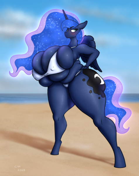 Size: 3051x3850 | Tagged: questionable, artist:crazy water, derpibooru import, ponerpics import, ponybooru import, princess luna, alicorn, anthro, unguligrade anthro, g4, ass, beach, belly, big breasts, bikini, bikini bottom, bikini top, blushing, boob freckles, breast overpour, breasts, busty princess luna, butt, butt freckles, chest freckles, clothes, erect nipples, female, freckles, glowing mane, hand on hip, high res, huge breasts, image, impossibly large breasts, lidded eyes, luna is not amused, nipple outline, ocean, png, sand, skindentation, solo, solo female, swimsuit, tall, thick, thighs, thunder thighs, unamused, water