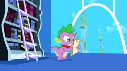 Size: 1920x1080 | Tagged: safe, derpibooru import, screencap, spike, dragon, friendship is magic, g4, bookshelf, feather, image, ladder, letter, male, my little pony, paper, parchment, png, quill, solo, twilight's canterlot home, window