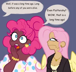 Size: 1280x1213 | Tagged: safe, artist:timelessclownry, derpibooru import, idw, fluttershy, pinkie pie, human, g4, reflections, spoiler:comic, alternate hairstyle, blue background, bracelet, cardigan, clothes, dark skin, duo, duo female, ear piercing, earring, faic, female, fluttershy is not amused, friendship is magic #19, humanized, i'm a year older than you, image, jewelry, jpeg, my little pony: friendship is magic (idw), necklace, offscreen character, open mouth, piercing, scene interpretation, shirt, simple background, speech bubble, unamused, winged humanization, wings