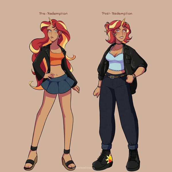 Size: 2048x2048 | Tagged: safe, artist:timelessclownry, derpibooru import, sunset shimmer, human, g4, alternate hairstyle, beige background, belly, belly button, belt, boots, bracelet, breasts, choker, clothes, denim, ear piercing, earring, feet, female, grin, horn, horned humanization, humanized, image, jacket, jeans, jewelry, jpeg, leather, leather jacket, midriff, pants, piercing, sandals, shoes, short shirt, simple background, skirt, smiling, solo