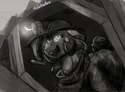 Size: 1297x955 | Tagged: safe, artist:reddthebat, derpibooru import, oc, oc:number nine, unofficial characters only, earth pony, pony, bandana, female, floppy ears, grayscale, helmet, image, jpeg, mare, mining helmet, monochrome, open mouth, open smile, smiling, solo