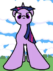 Size: 259x345 | Tagged: safe, artist:purblehoers, derpibooru import, twilight sparkle, pony, unicorn, g4, angry, cloud, female, frown, grass, horn, image, looking at you, looking down, low angle, mare, pathetic, perspective, png, sky, solo, standing, unicorn twilight