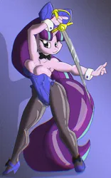 Size: 604x966 | Tagged: suggestive, artist:theburningdonut, derpibooru import, starlight glimmer, anthro, plantigrade anthro, pony, unicorn, g4, barely covered, breast overpour, breasts, bunny suit, busty starlight glimmer, cleavage, clothes, female, furrowed brow, high heels, horn, image, imminent wardrobe malfunction, jpeg, leotard, mare, pantyhose, s5 starlight, saber, shiny, shoes, skindentation, smiling, smirk, solo, sword, weapon