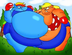 Size: 1280x983 | Tagged: suggestive, artist:robot001, derpibooru import, applejack, rainbow dash, anthro, unguligrade anthro, g4, angry, belly, big belly, blushing, boxing, boxing gloves, breasts, fat, fight, grass, huge belly, image, impossibly large belly, jpeg, obese, outdoors, sports, tree