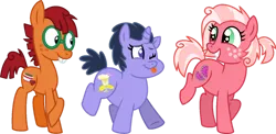 Size: 1024x501 | Tagged: safe, artist:starryoak, derpibooru import, oc, oc:bumbling buzz, oc:raspberry ripple, oc:sweet treat, unofficial characters only, earth pony, pony, unicorn, :p, bucktooth, earth pony oc, foal, freckles, glasses, horn, image, one eye closed, png, simple background, tongue out, transparent background, trio, unicorn oc, wink