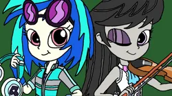 Size: 960x538 | Tagged: safe, derpibooru import, octavia melody, vinyl scratch, human, equestria girls, g4, clothes, green background, headphones, image, jpeg, looking at you, one eye closed, shirt, simple background, smiling, sunglasses, sunglasses on head, wink