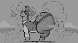 Size: 1491x831 | Tagged: suggestive, artist:parumpi, derpibooru import, pinkie pie, earth pony, pony, g4, balloonbutt, belt, butt, clothes, eyepatch, female, grayscale, hat, huge butt, image, impossibly large butt, large butt, lidded eyes, mare, monochrome, pants, pirate, pirate costume, pirate hat, plot, png, shirt, side view, solo, sword, weapon