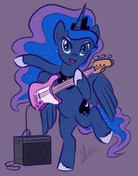 Size: 846x1080 | Tagged: safe, artist:makaryo, derpibooru import, princess luna, alicorn, pony, g4, amplifier, bipedal, crown, electric guitar, ethereal mane, female, guitar, happy, hoof hold, image, jewelry, jpeg, lidded eyes, mare, musical instrument, open mouth, open smile, playing guitar, purple background, regalia, simple background, smiling, solo, standing, standing on one leg, starry mane, starry tail, tail