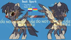 Size: 1920x1080 | Tagged: safe, artist:metaruscarlet, derpibooru import, oc, oc:seek spark, unofficial characters only, pegasus, pony, adoptable, blue background, english, folded wings, grin, image, jpeg, looking at you, nonbinary pride flag, pansexual pride flag, pegasus oc, pride, pride flag, pronouns, reference sheet, simple background, smiling, spotted, spread wings, text, wings