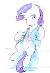 Size: 1545x2275 | Tagged: safe, artist:aquoquoo, derpibooru import, rarity, pony, unicorn, g4, 3:, aside glance, blush scribble, blushing, closed mouth, clothes, cute smile, doodle, eyebrows, featureless crotch, female, full body, horn, image, looking at you, mare, png, raised hoof, raised hooves, robe, sideways glance, sitting, solo