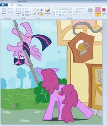 Size: 753x890 | Tagged: safe, artist:sallycars, derpibooru import, berry punch, berryshine, twilight sparkle, twilight sparkle (alicorn), alicorn, earth pony, pony, g4, 2013, art program in frame, background pony, blue sky, building, bush, closed mouth, cloud, crash, crash landing, day, duo, duo female, feathered wings, female, frown, full body, grass, horn, image, mare, ms paint, old art, outdoors, pixel-crisp art, png, pole, rear view, side view, sky, standing, twilight can't fly, upside down, wings