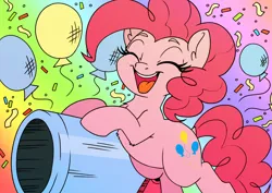 Size: 7016x4961 | Tagged: safe, artist:derpydoodesigns, derpibooru import, pinkie pie, earth pony, pony, g4, absurd resolution, balloon, bipedal, bipedal leaning, cute, diapinkes, eyes closed, female, image, leaning, mare, open mouth, open smile, party cannon, png, rainbow background, smiling, solo