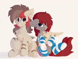 Size: 1620x1234 | Tagged: safe, artist:little-sketches, ponerpics import, oc, oc:ponepony, unofficial characters only, earth pony, original species, pony, shark, shark pony, butt fluff, cheek fluff, chest fluff, clothes, duo male and female, ear fluff, earth pony oc, eye clipping through hair, eyebrows visible through hair, eyeshadow, female, floppy ears, highlights, image, jpeg, leg fluff, looking at each other, looking back, makeup, male, mare, prehensile tail, raised leg, sitting, smiling, socks, stallion, striped socks, stripes, tail hold, tan background, underhoof