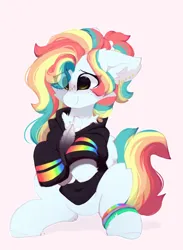 Size: 996x1364 | Tagged: safe, artist:little-sketches, ponerpics import, oc, unofficial characters only, pegasus, pony, cheek fluff, chest fluff, clothes, ear fluff, ear piercing, earring, eye clipping through hair, eyebrows visible through hair, feather, female, floppy ears, folded wings, freckles, hair over one eye, holding, hoodie, hooves together, image, jewelry, jpeg, leg fluff, legband, mare, multicolored mane, multicolored tail, pegasus oc, pegasus wings, piercing, pink background, rainbow, simple background, sitting, smiling, solo, sweater, wings, wristband