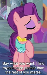 Size: 350x550 | Tagged: safe, derpibooru import, edit, edited screencap, editor:jaredking779, screencap, spoiled rich, earth pony, pony, a horse shoe-in, g4, season 9, spoiler:s09, caption, clothes, eyes closed, female, image, indoors, jpeg, mare, my little pony, raised hoof, shirt, smiling, solo, text