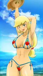 Size: 1080x1920 | Tagged: suggestive, alternate version, artist:tittoons, applejack, human, abs, applejack's hat, armpits, beach, bikini, breasts, busty applejack, cleavage, clothes, cowboy hat, cutie mark on human, female, hat, humanized, image, looking at you, micro bikini, outdoors, png, smiling, solo, solo female, swimsuit, wallpaper