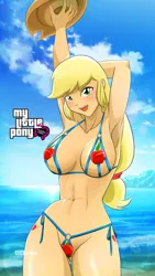 Size: 1080x1920 | Tagged: suggestive, alternate version, artist:tittoons, applejack, human, abs, applejack's hat, armpits, beach, bikini, breasts, busty applejack, cleavage, clothes, cowboy hat, cutie mark on human, female, hat, humanized, image, looking at you, micro bikini, outdoors, png, smiling, solo, solo female, swimsuit, wallpaper