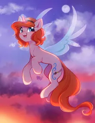 Size: 2306x3000 | Tagged: safe, artist:melodylibris, derpibooru import, oc, oc:dazha, unofficial characters only, pegasus, pony, unicorn, artificial wings, augmented, concave belly, cute, draw this in your style, eye clipping through hair, female, flying, full moon, glow, glowing horn, hairband, high res, horn, image, magic, magic wings, mare, moon, open mouth, open smile, outdoors, png, sky background, smiling, solo, sunset, tail, wings