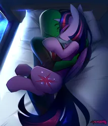 Size: 1206x1408 | Tagged: safe, artist:madragon, derpibooru import, twilight sparkle, oc, oc:anon, alicorn, human, pony, g4, bedroom, bowtie, clothes, cuddling, duo, eyes closed, folded wings, glowing cutie mark, hug, human on pony snuggling, image, jacket, lying down, moonlight, night, png, rain, side, snuggling, window, wings