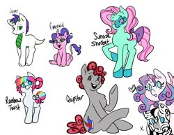 Size: 1280x989 | Tagged: safe, artist:nichroniclesvsart, derpibooru import, princess flurry heart, oc, oc:emerald, oc:jasper, oc:quipster, oc:rainbow twist, oc:sunrise sherbet, oc:x, alicorn, dracony, earth pony, hybrid, pony, unicorn, zebra, g4, bow, colt, female, filly, filly flurry heart, foal, horn, image, interspecies offspring, male, offspring, parent:cheese sandwich, parent:pinkie pie, parent:rainbow dash, parent:rarity, parent:soarin', parent:spike, parent:starlight glimmer, parents:cheesepie, parents:soarindash, parents:sparity, png, simple background, tail, tail bow, white background, zebra oc