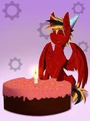 Size: 2000x2692 | Tagged: safe, artist:twotail813, derpibooru import, oc, oc:gear, pegasus, birthday, birthday cake, cake, candle, food, happy, hat, image, male, party hat, png, solo, wings