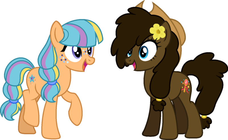 Size: 1280x786 | Tagged: safe, artist:starryoak, derpibooru import, oc, oc:cabaletta crisp, oc:peanut buttercup, unofficial characters only, earth pony, cowboy hat, duo, duo female, earth pony oc, female, flower, flower in hair, hair tie, hat, image, png, simple background, stetson, transparent background